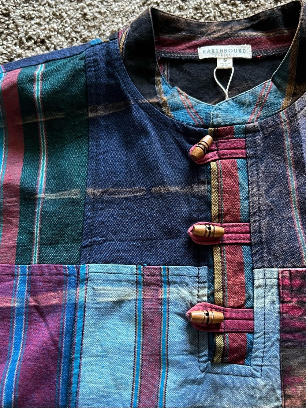 EARTHBOUND Patchwork Stripe Henley Shirt - Blue, Green, Purple - Picture 4 of 8